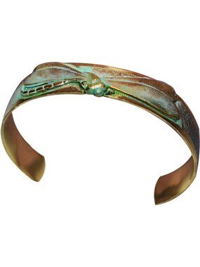 Realistic Dragonfly Skinny Cuff Bracelet in Verdigris Patina - Unique Brass